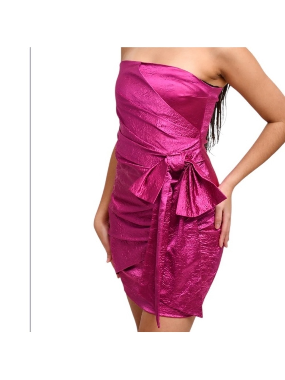 Ronny Kobo Magenta Metallic Carolayna Strapless Ruched Bow Mini Dress Size S NWT - Picture 3 of 10